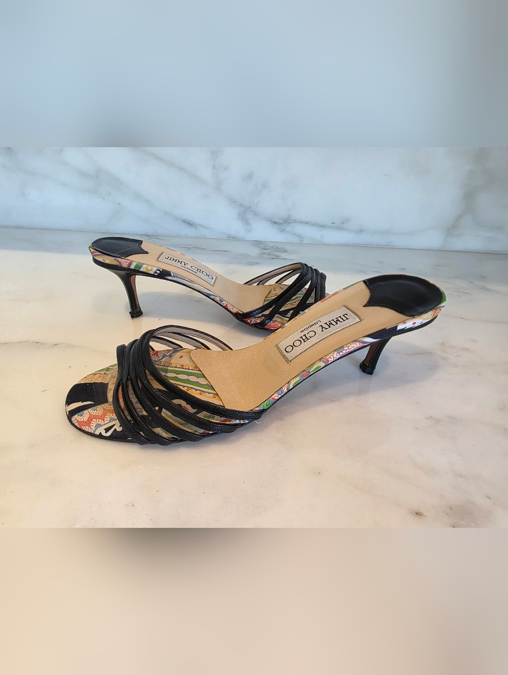 Jimmy Choo Multicolor Print Leather Strappy Kitten Heel Sandals – Size 39.5